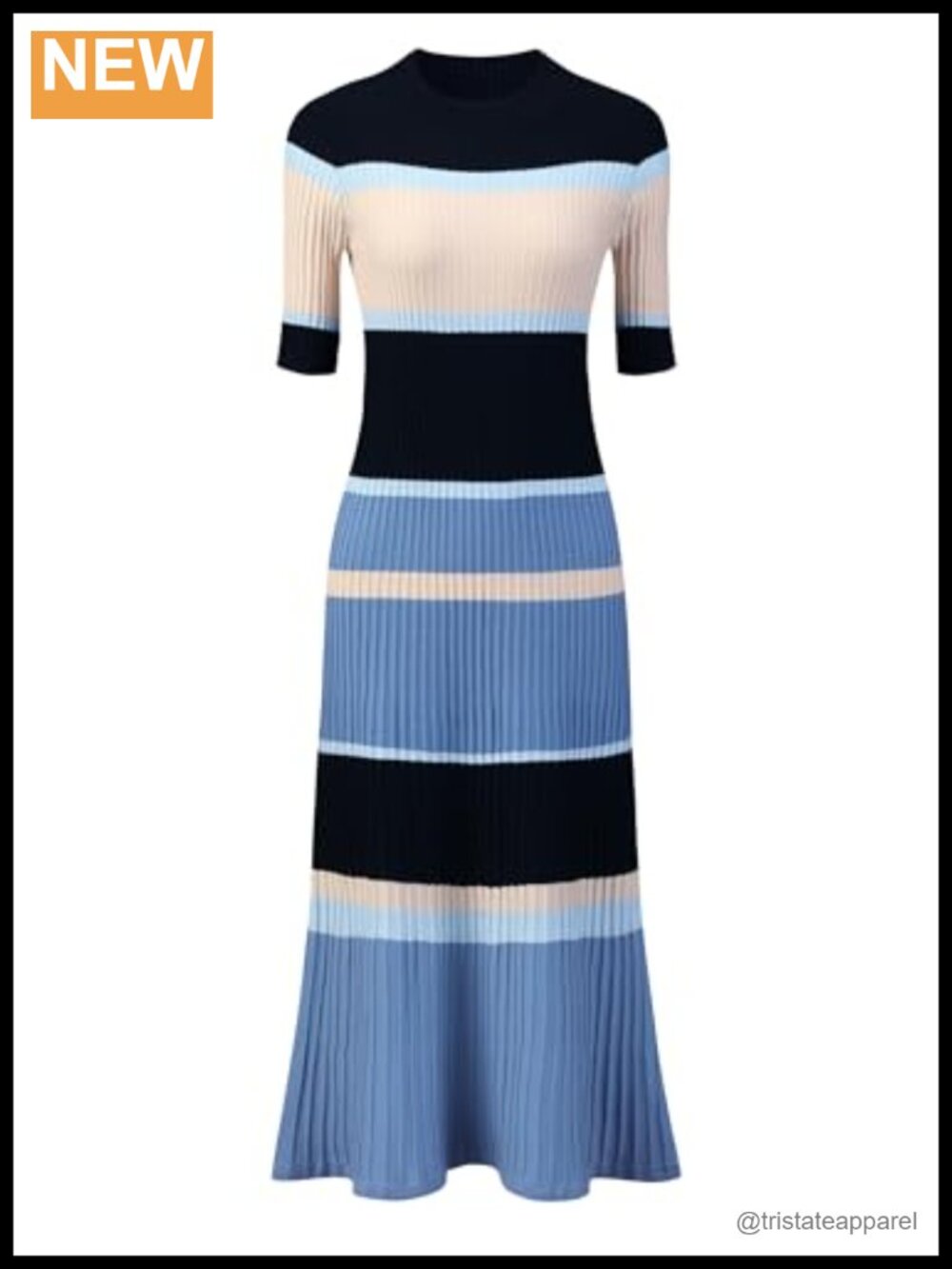 Women's Knit Striped Midi Ribbed Sweater Dress Short Sleeve Mock Neck